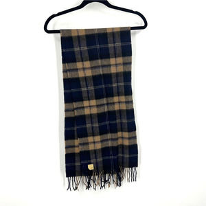 Vintage Warm Winter Scarf 100% Cashmere Plaid Blue Tan Fringe Unisex One Size